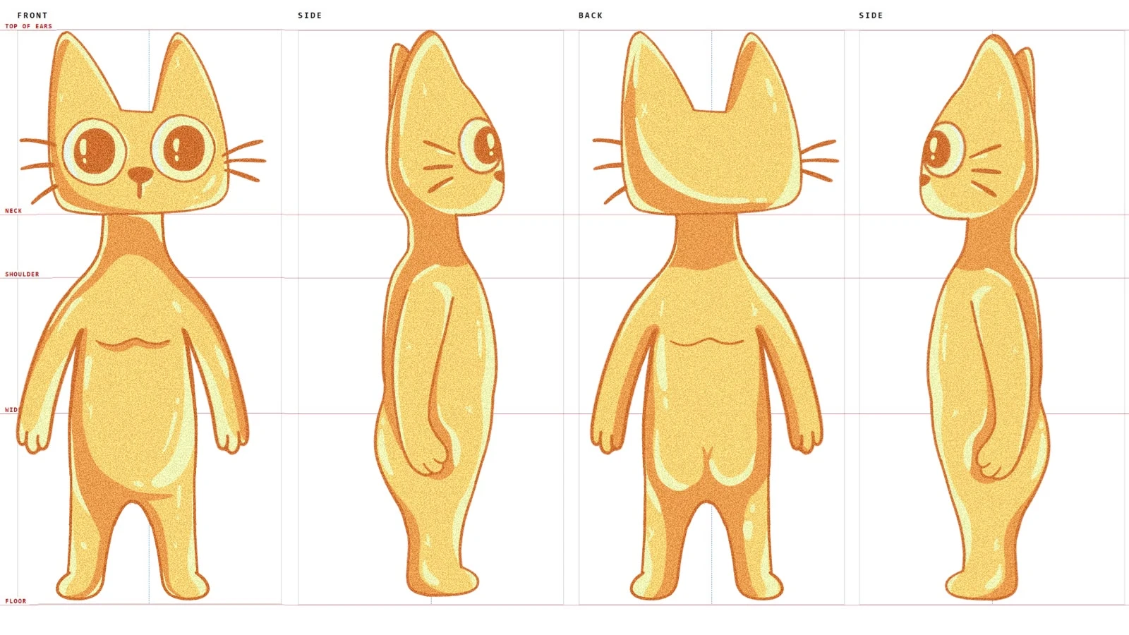 Character model sheet: front, side, back and side views of the Cets On Gold cat, drawn against horizontal construction guides labelled top of ears, neck, shoulder, mid and floor.