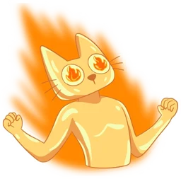 Cets with flames in both eyes and fists raised, a burst of fire behind