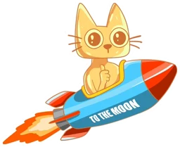Cets flying a rocket marked TO THE MOON, thumb up