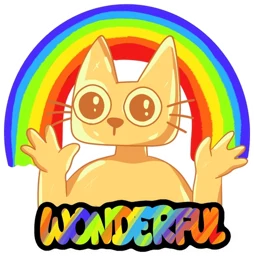 Cets throwing both arms up under a rainbow, over the word WONDERFUL